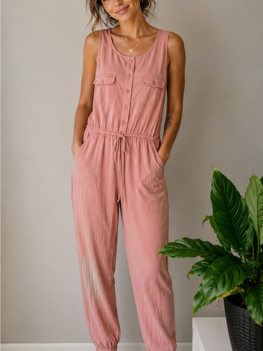Ci Sono Dusty Rose Sleeveless Button-Front Top